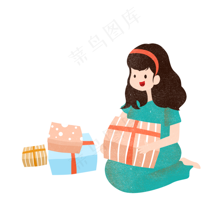 手绘卡通草地上坐着拆礼物的女孩
