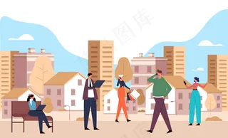 智能城市和人们使用手机和笔记本电脑的概念。