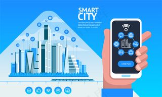 智慧城市。城市景观与建筑物，摩天大楼和交通运输。手持智能手机