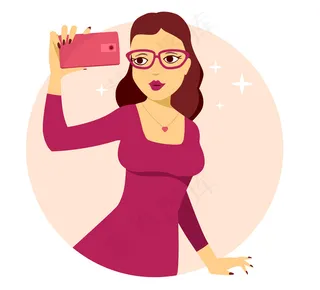 矢量插图的年轻女孩在红色的裙子使自拍照片的粉红色背景。