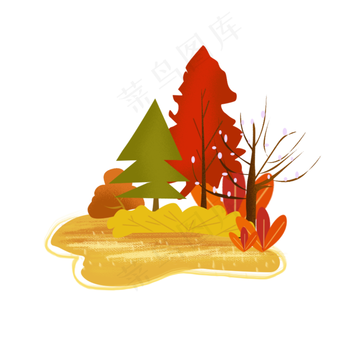 秋树秋叶秋天红色插画风元素