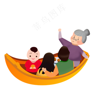 卡通一家人乘船可商用元素