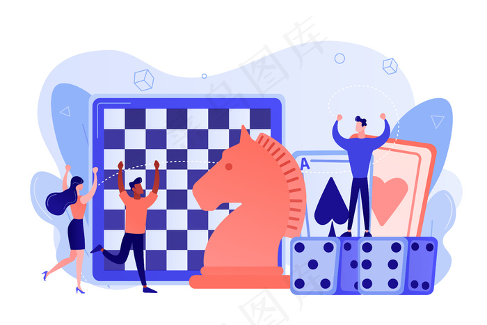 小人物下棋、玩扑克牌和掷骰子的娱乐活动。棋盘游戏、休闲活动、全家人活动理念。粉红色珊瑚蓝病媒分离插图eps,ai矢量模版下载