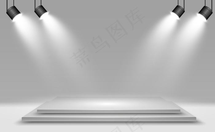 具有平台背景的逼真3d灯箱，用于表演、展示、展览。灯箱工作室内部示意图。带聚光灯的讲台。