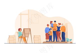 画家画家庭肖像。图片，母亲，儿童平面矢量插图。艺术工作室