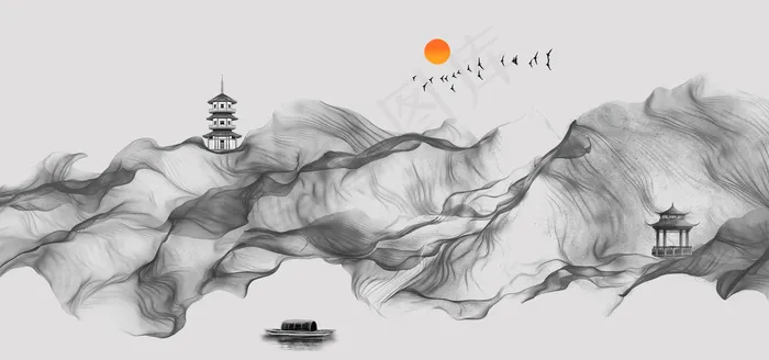简约水墨抽象山水画(1920*900px 	       )psd模版下载