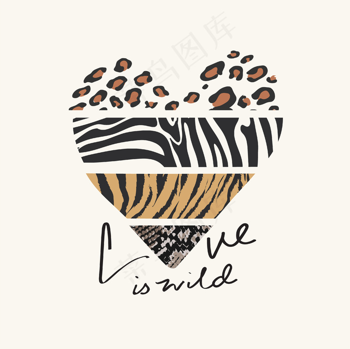 “爱是野性”的口号，心形插图中有野生动物的皮肤图案