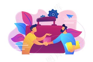 两个商业伙伴握手和大公文包说明