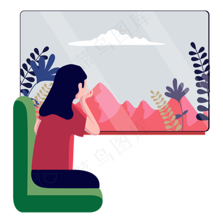 扁平风车中看风景人物元素