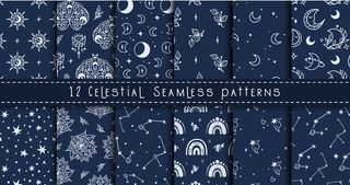 天上的黑白月亮、彩虹、星星图案无缝捆绑