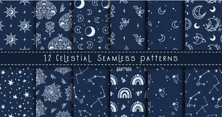 天上的黑白月亮、彩虹、星星图案无缝捆绑