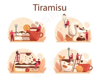 提拉米苏甜点套装。人们在做美味的意大利蛋糕。餐厅面包店的甜点。孤立的
