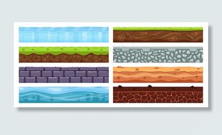 景观场地。卡通泥土粘土，考古土壤层，泥土纹理与埋石，草，景观元素插图集。背景层景观、自然土壤和岩石