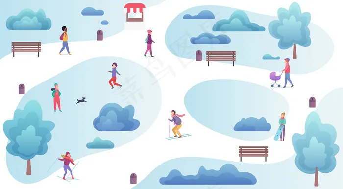 人们在冬季公园的顶视图休息和玩耍。男女冬季户外活动图eps,ai矢量模版下载