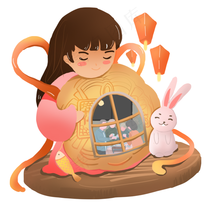 漂亮的小女孩和兔子免抠图