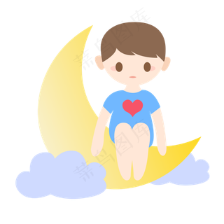 七夕节卡通男孩坐在月亮上