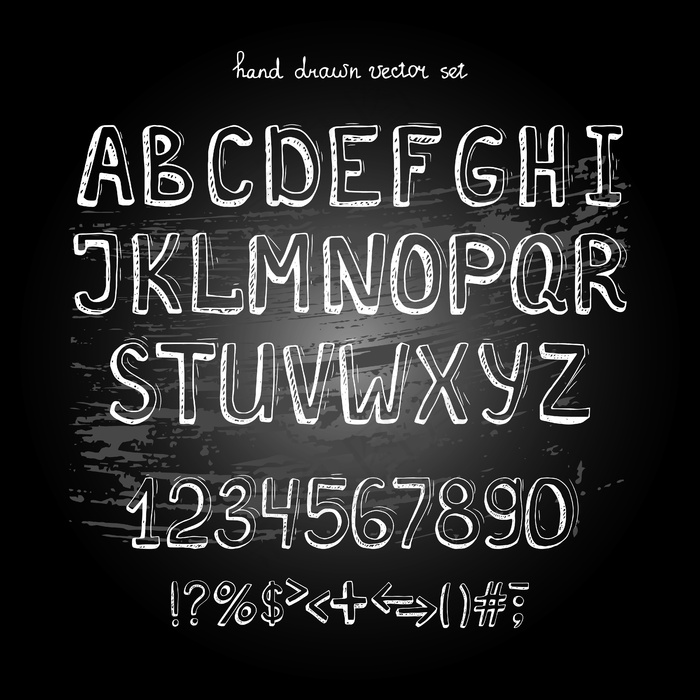 黑板矢量手绘字母表，黑板上的白色字母