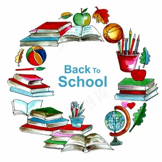 回到学校背景的现实对象水彩