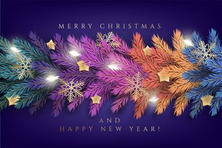 圣诞快乐贺卡的圣诞贺卡与现实多彩的松树枝花环，装饰圣诞灯，金星，雪花