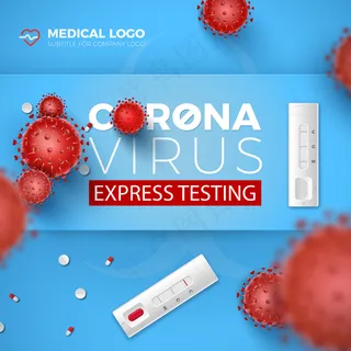 冠状病毒快速检测卡。covid-19快速检测和蓝色背景下的3d红细胞。2019年冠状病毒病，验血图解设计。