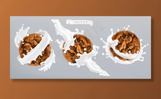 巧克力饼干和牛奶。3d逼真图标