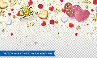 情人节背景设计的心形和金色闪光的五彩纸屑或花卉图案。