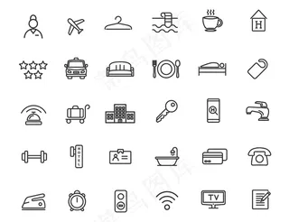 线性酒店图标集。简单设计的旅行图标