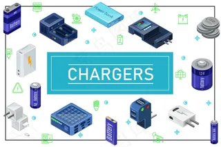 等距图，现代充电源组成，带插头，框架内不同容量的充电器电池