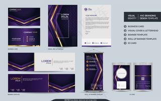 豪华紫色文具模型样机和视觉品牌标识抽象重叠层背景。