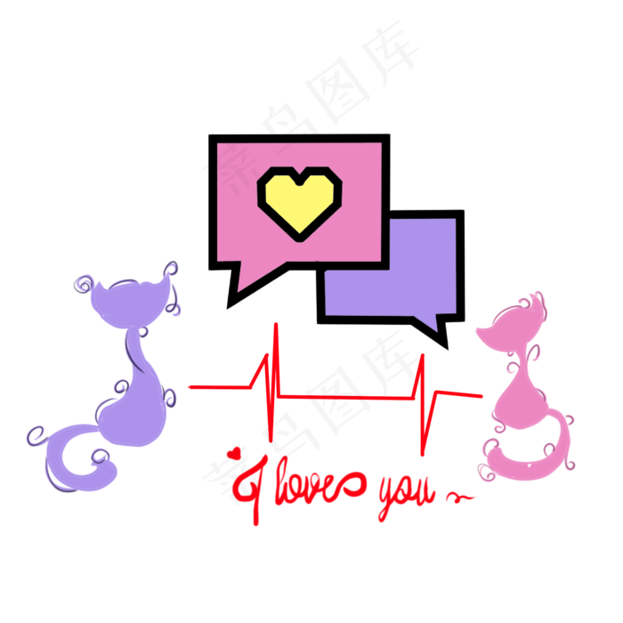 创意手绘七夕情人节猫咪心电图插