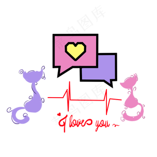 创意手绘七夕情人节猫咪心电图插