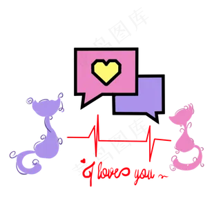 创意手绘七夕情人节猫咪心电图插