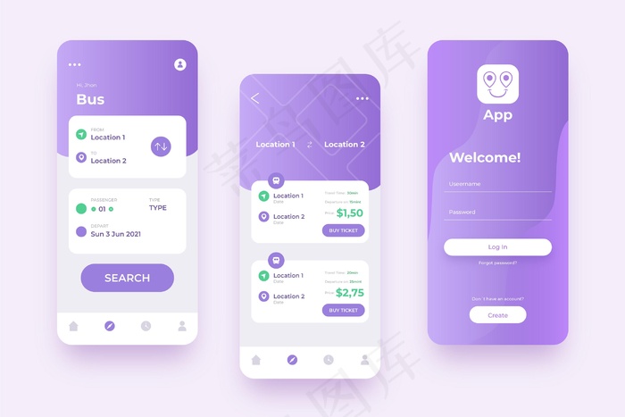 紫罗兰公共交通手机app移动应用程序app的各种屏幕eps,ai矢量模版下载
