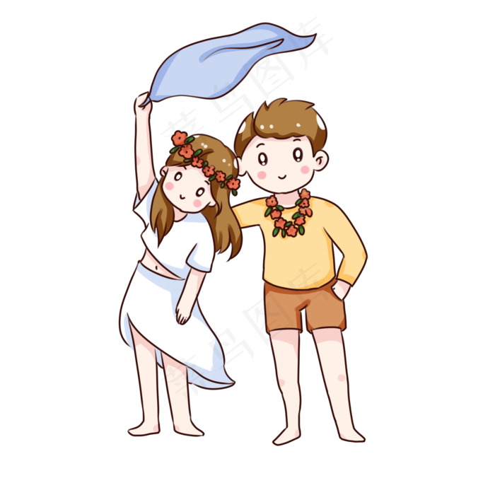 手绘卡通海边的情侣