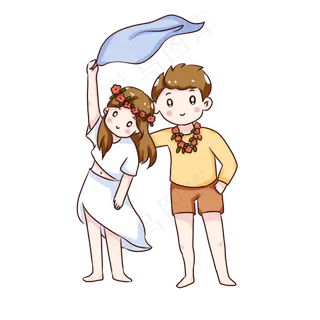 手绘卡通海边的情侣