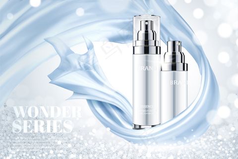 化妆品护肤品广告与蓝色光滑缎面元素闪烁的背景