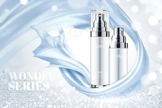 化妆品护肤品广告与蓝色光滑缎面元素闪烁的背景