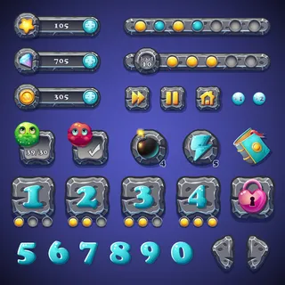 为网页设计和电脑游戏用户界面设置石头按钮、进度条、条对象