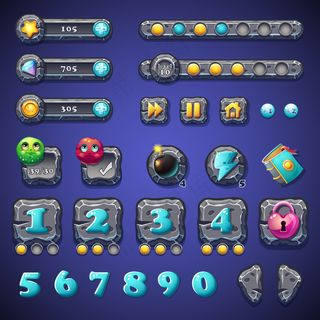 为网页设计和电脑游戏用户界面设置石头按钮、进度条、条对象