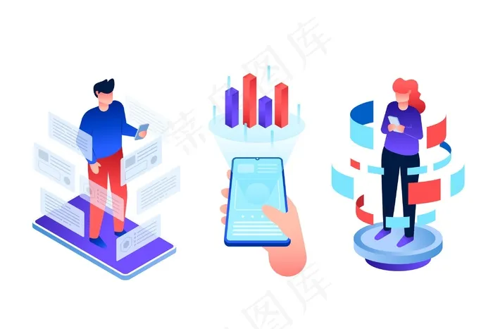 年轻人在智能手机上使用增强现实技术eps,ai矢量模版下载