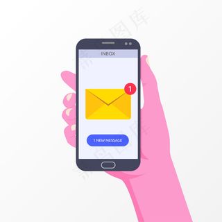 手持智能手机，手机屏幕上带有新的信息通知符号。