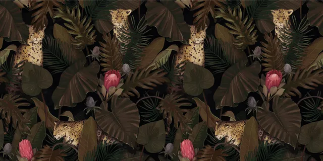 异国情调的热带图案，棕榈叶上有豹子和变形花