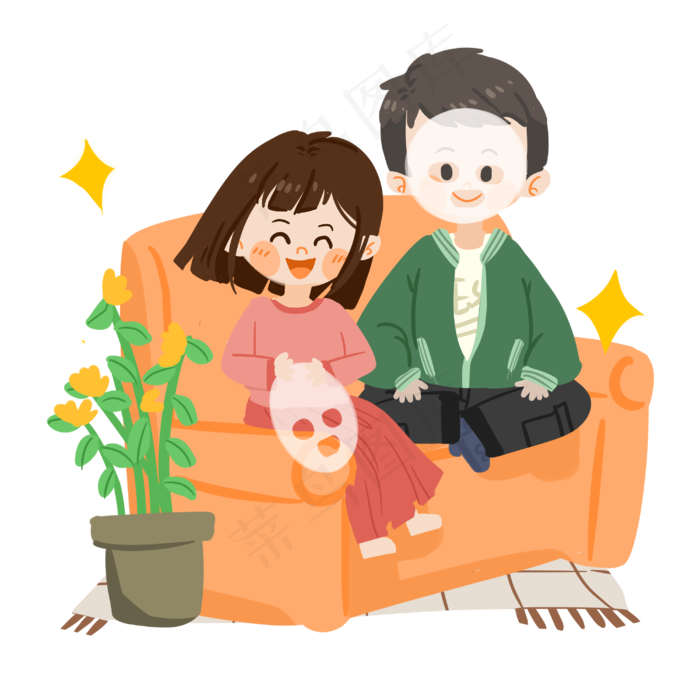 七夕卡通情侣一起敷面膜PNG素材(3000X3000(DPI:300))psd模版下载