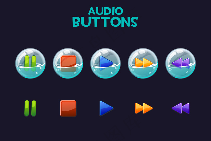 肥皂泡里用来播放音频的一组明亮的按钮。eps,ai矢量模版下载