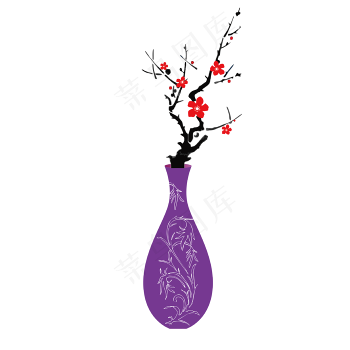 矢量手绘水墨梅花插花花瓶