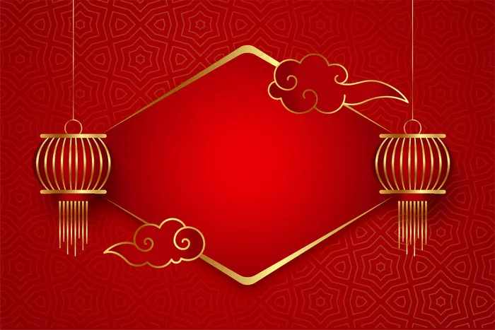 中国传统的灯笼和红色背景上的云