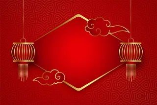 中国传统的灯笼和红色背景上的云