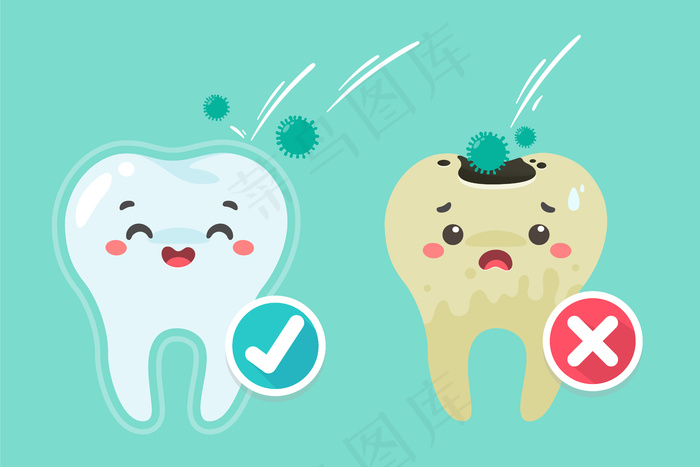 卡通牙齿和口腔内的牙龈对蛀牙问题很满意。牙齿上有牙菌斑。