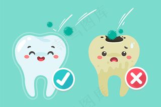 卡通牙齿和口腔内的牙龈对蛀牙问题很满意。牙齿上有牙菌斑。
