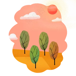 秋天秋树元素红色太阳云白粉红色